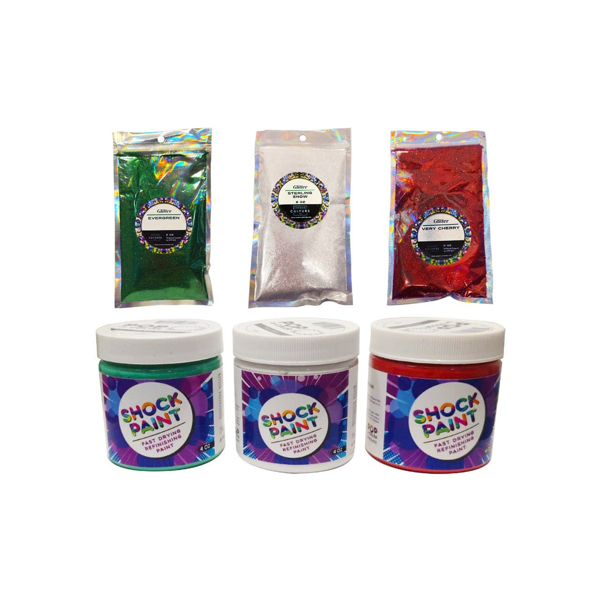 🎄 Christmas Basics Bundle – Pop of Color Paints & Matching Glitters | Holiday Red, White & Green Set - Counter Culture DIY