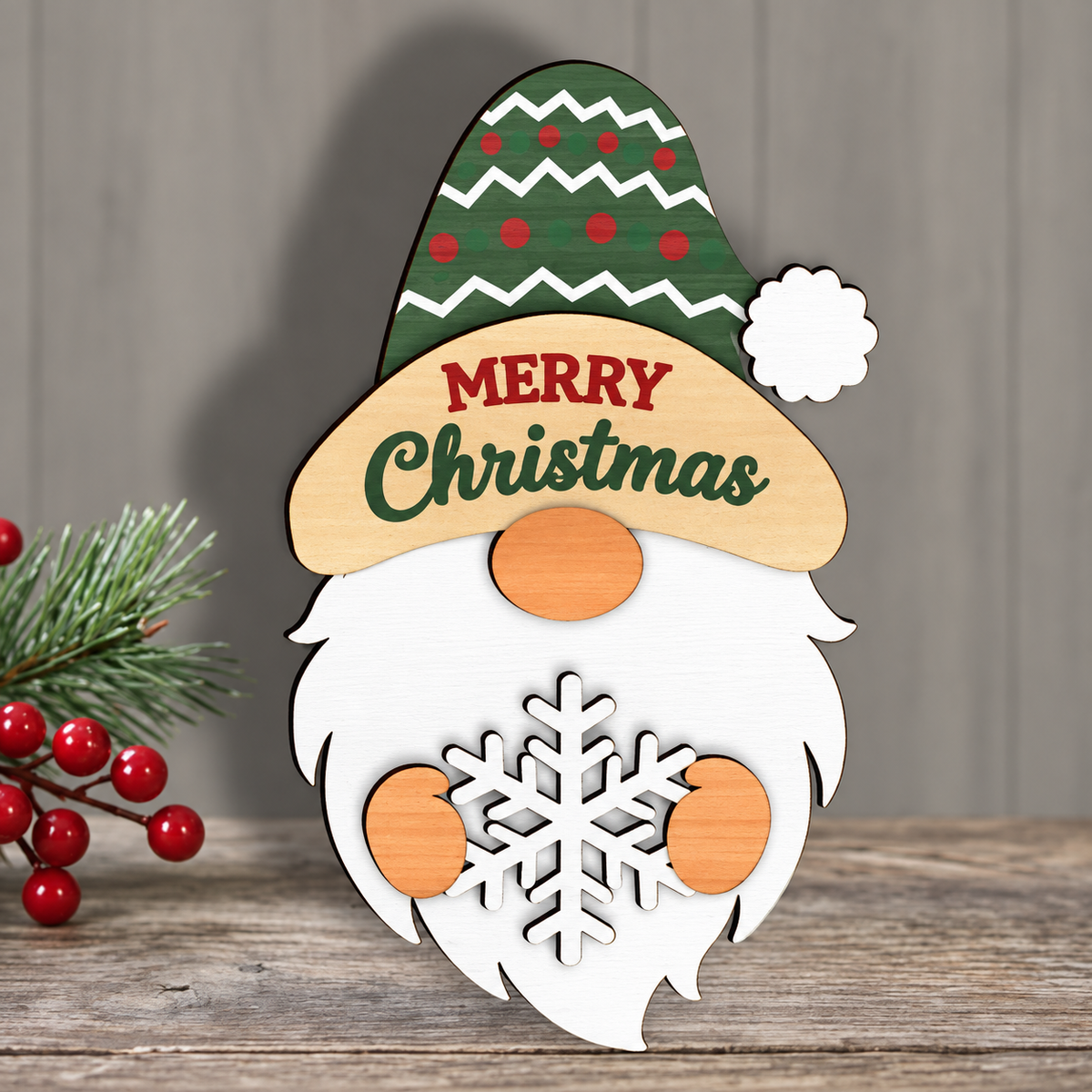 Finished Merry Christmas layered wooden gnome painted green, red, white, and orange