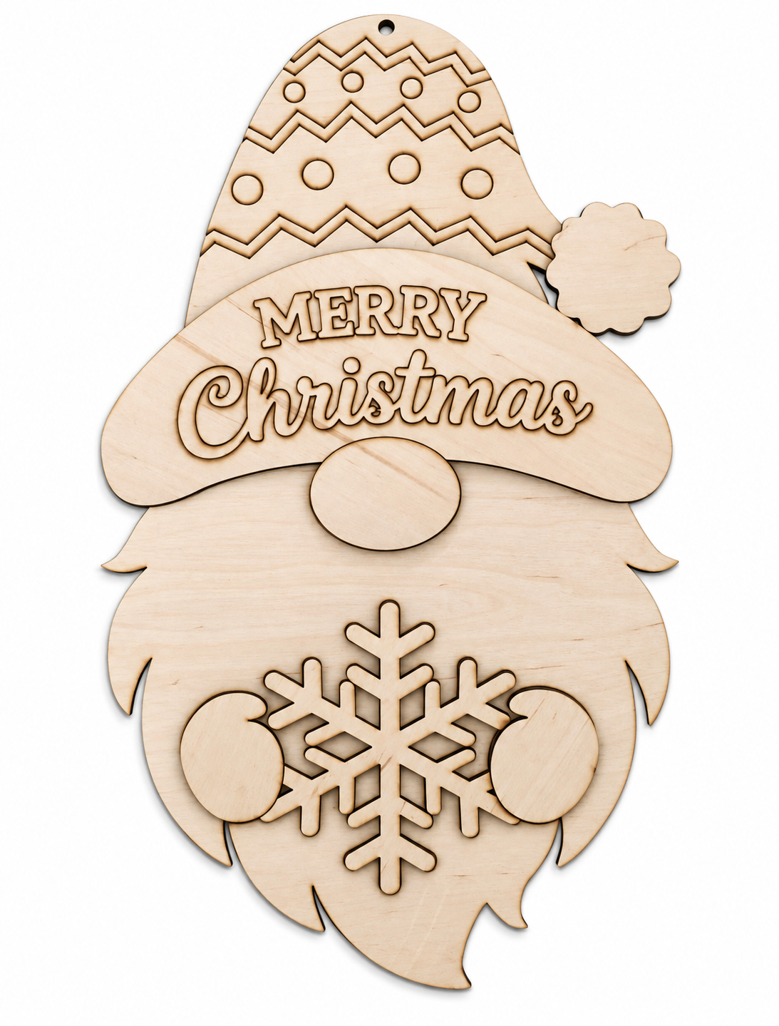 Unfinished layered wooden Merry Christmas gnome craft blank with snowflake on white background