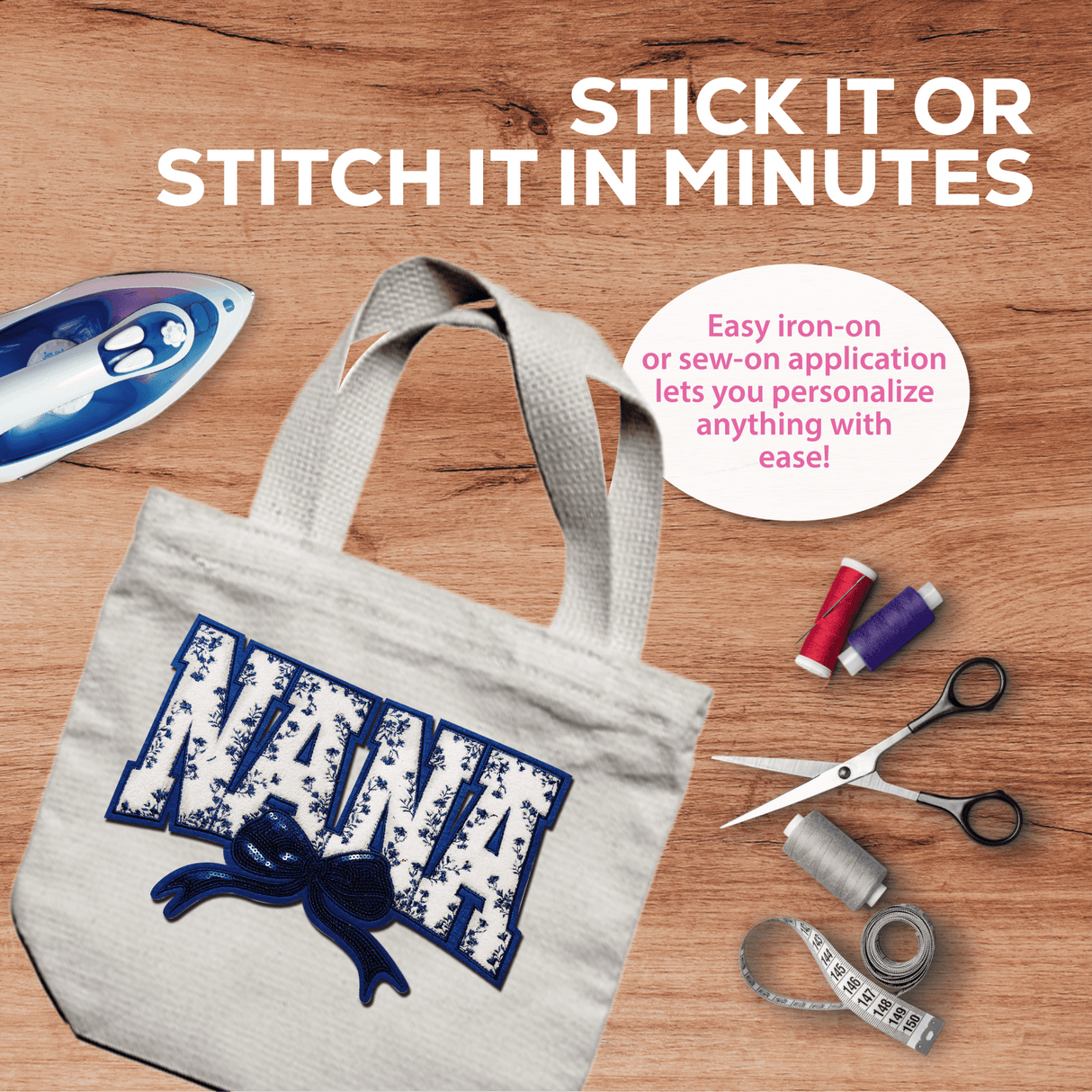 "Nana" Blue Floral with blue bow Chenille Patch - Counter Culture DIY