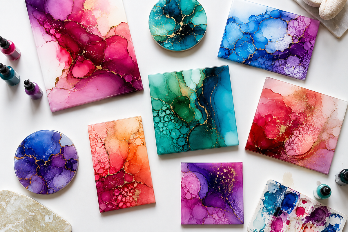 Alcohol ink resin art in pink, blue, teal, purple and gold