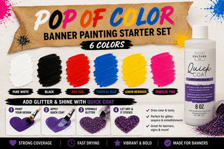 Pop of Color banner painting starter set with six color swatches and Quick Coat glitter application