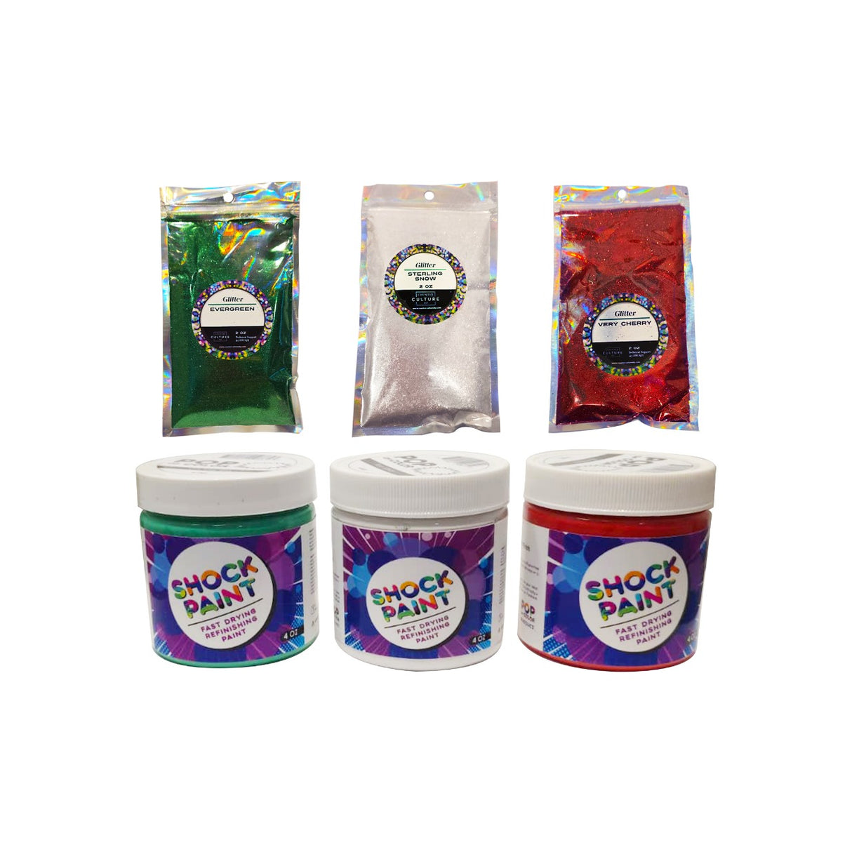 🎄 Christmas Basics Bundle – Pop of Color Paints & Matching Glitters | Holiday Red, White & Green Set