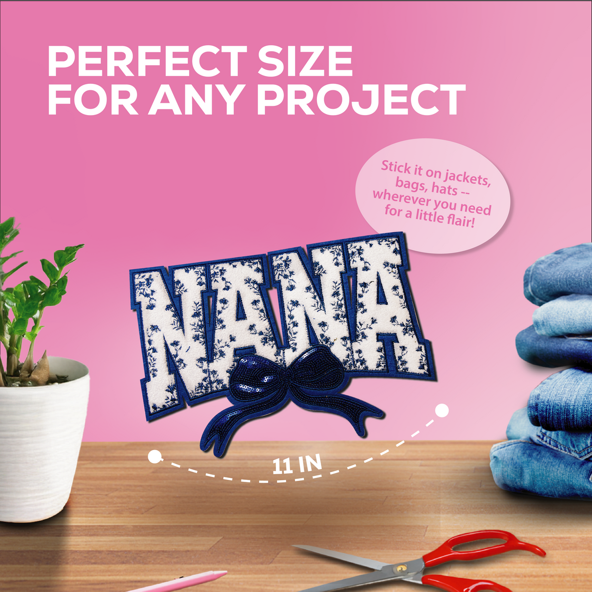 "Nana" Blue Floral with blue bow Chenille Patch