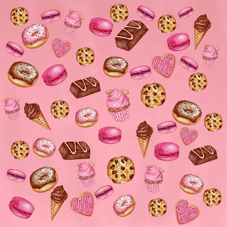 pink printed vinyl with donuts, macarons, cookies, and cupcakes