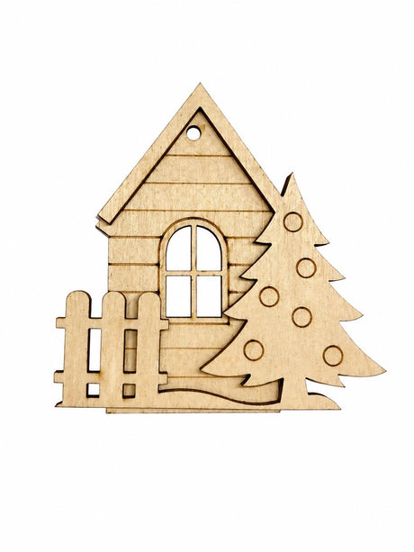 Cozy cabin paintable Christmas ornament blank, 3.5 inches wide