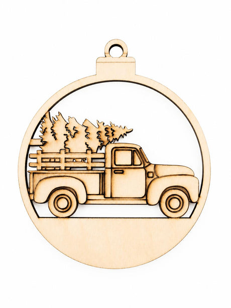 Farm truck and Christmas tree paintable ornament blank, 3 inches wide