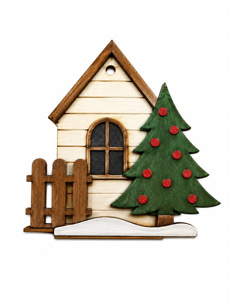 Cozy cabin paintable Christmas ornament blank, 3.5 inches wide, alternate view 2