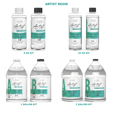 Counter Culture DIY Artist Resin in 8 oz, 32 oz, 1 gallon, and 2 gallon kits, each with Part A and Part B.
