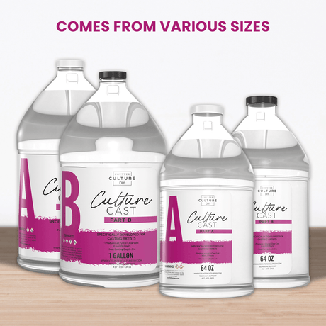 Culture Cast 1 gallon and 2 gallon resin kits with clear Part A and Part B bottles.
