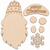 All unfinished wooden pieces included with the Merry Christmas gnome craft kit arranged on white