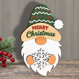 Finished Merry Christmas layered wooden gnome painted green, red, white, and orange