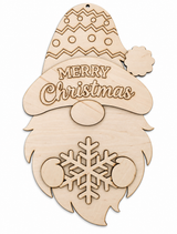 Unfinished layered wooden Merry Christmas gnome craft blank with snowflake on white background