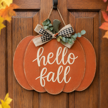 Finished Hello Fall pumpkin door hanger project example
