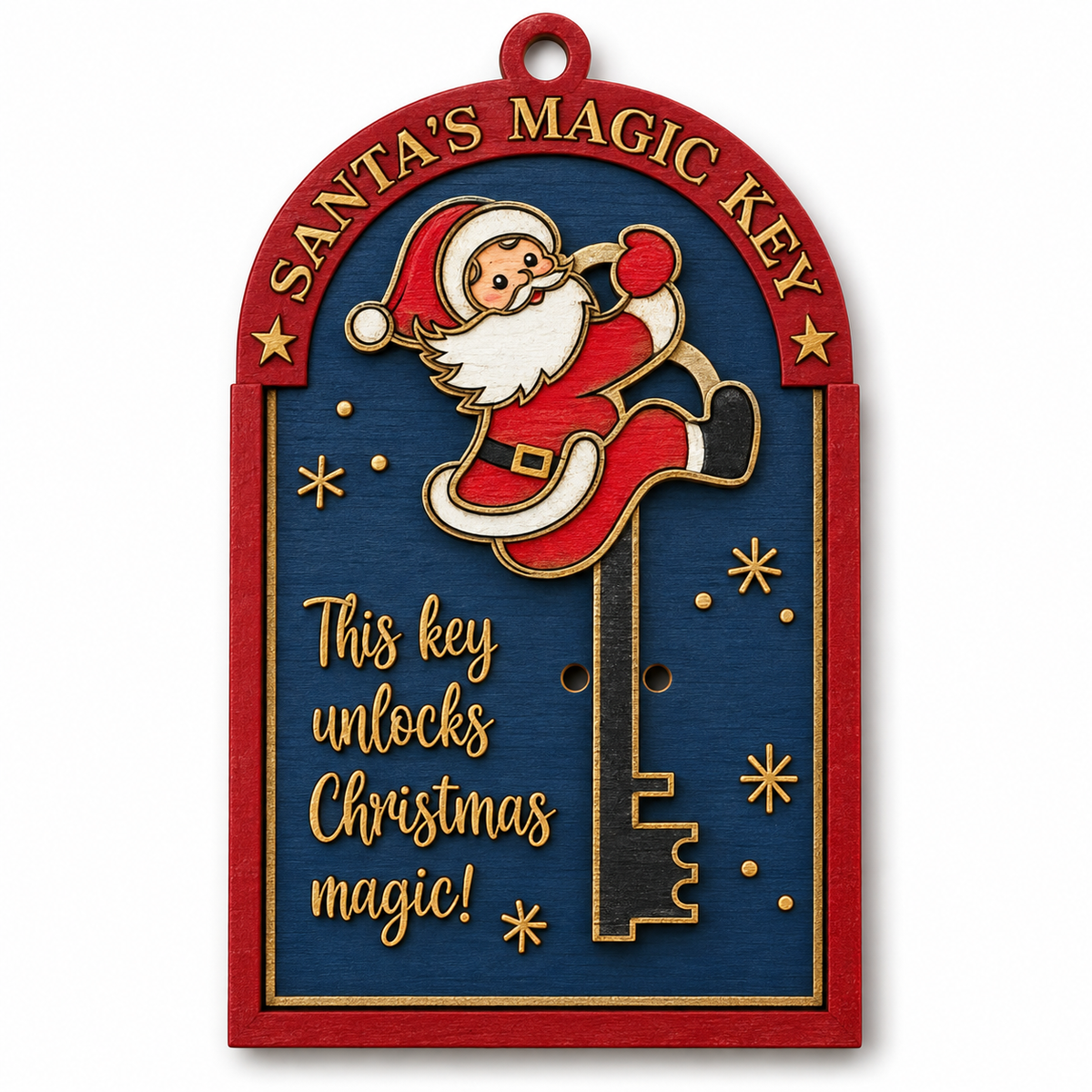 Finished Santa's Magic Key craft painted red, navy, gold, white, and black