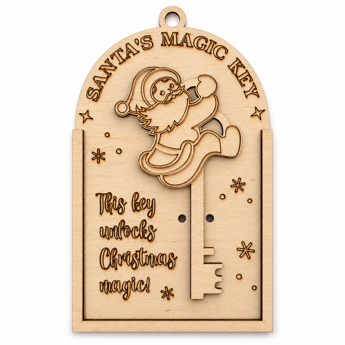 Santa's Magic Key unfinished laser-cut wood craft kit assembled on white